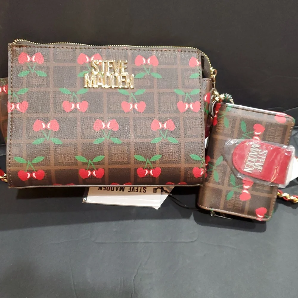 Steve Madden brown plaid checkered cherry print bryder crossbody bag and charm - Picture 12 of 13